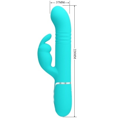 Vibrador azul turquesa em silicone com duas áreas de estimulação e detalhe prateado
