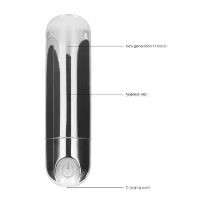 Vibrador prateado com botão de power e indicação de motor e ponto de carregamento