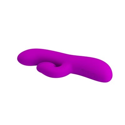 Vibrador roxo tipo coelho de silicone sobre fundo branco