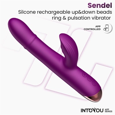 Vibrador roxo de silicone com pestana para estimulação e texto promocional