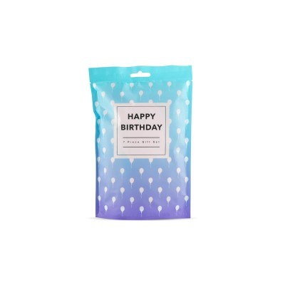Embalagem de presente para aniversário azul e lilás com balões e texto HAPPY BIRTHDAY