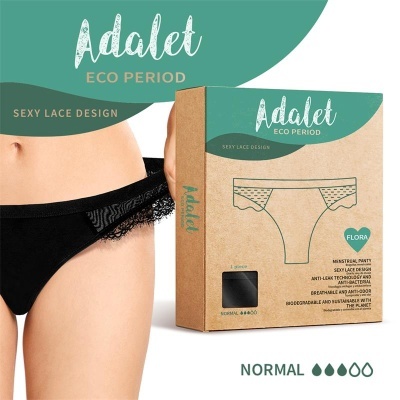 Calcinha menstrual preta com renda e embalagem de papel reciclado da marca Adalet ECO PERIOD