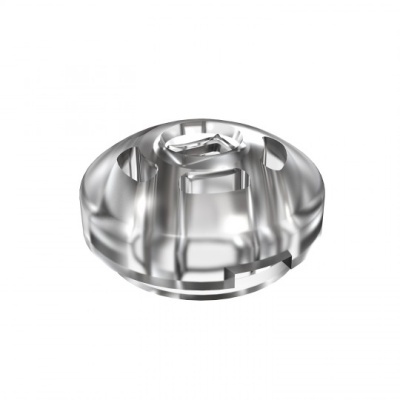 Botão plástico transparente redondo com entalhes sobre fundo branco