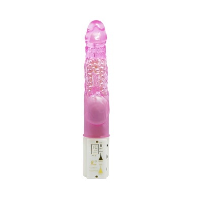 Vibrador cor-de-rosa translúcido com base branca e texto