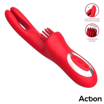 Vibrador duplo vermelho com comandos eletrónicos e textura de cerdas