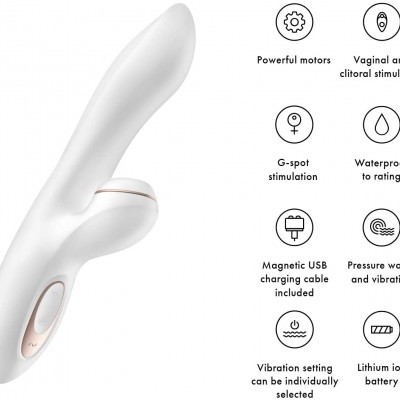 Vibrador branco anatómico com botão de controlo e ícones explicativos