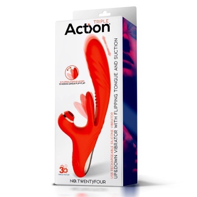 Embalagem do vibrador Actyon TRIPLE vermelho com estimulador adicional em caixa branca com texto