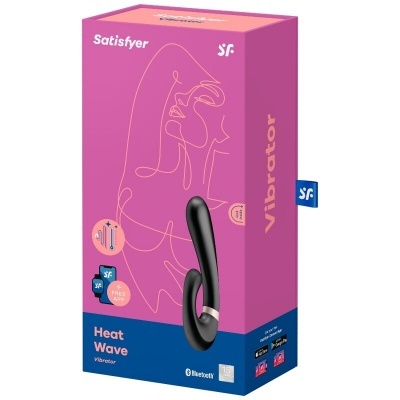 Embalagem rosa e azul do vibrador Satisfyer Heat Wave com texto e ícones de Bluetooth