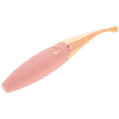 vibrador rosa e dourado com botão circular num fundo branco