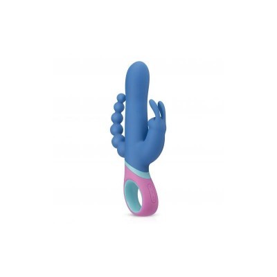 Vibrador azul com punho rosa e detalhes anatómicos e texturizados