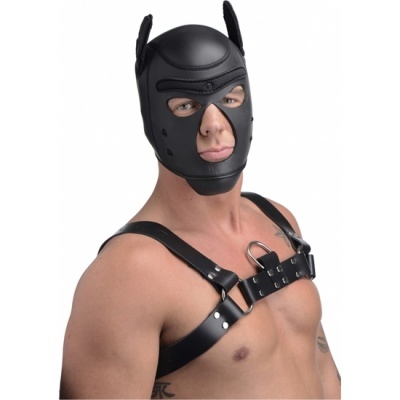 Homem com máscara preta de couro com orelhas de cão e arnês de couro no peito