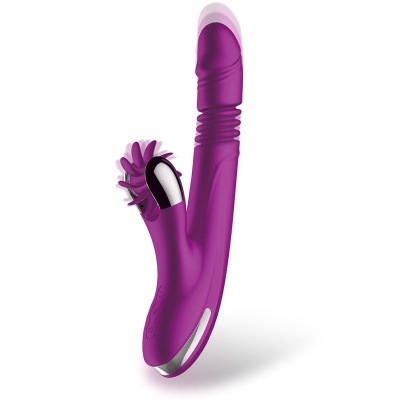 Vibrador roxo com estimulador lateral em fundo branco