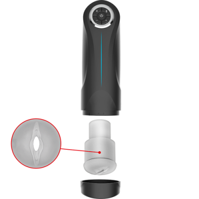 Dispositivo portátil cilíndrico preto com botão e acessório interno em silicone cinza
