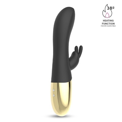Vibrador preto com base dourada e ícone de função de aquecimento