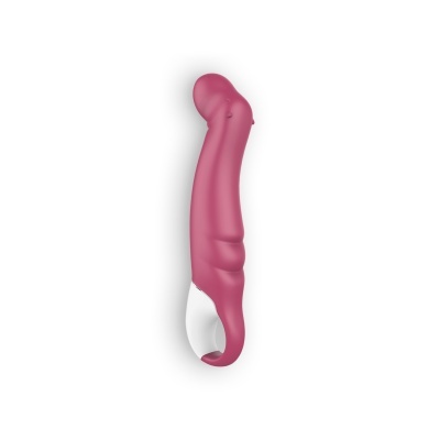 Vibrador rosa com base branca e abertura para manuseio