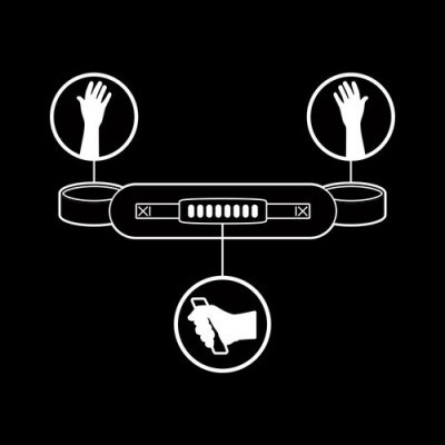 Símbolos em branco sobre fundo preto mostrando mãos e controle em formato gráfico simples