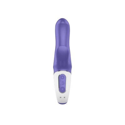 Vibrador roxo com base branca e botões roxos
