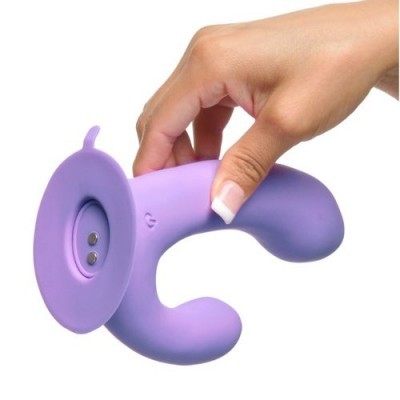 Vibrador de silicone roxo com duas pontas curvadas e base circular larga