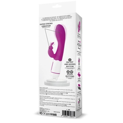 Embalagem de vibrador cor-de-rosa com coelhinho, texto de funcionalidade e fundo branco