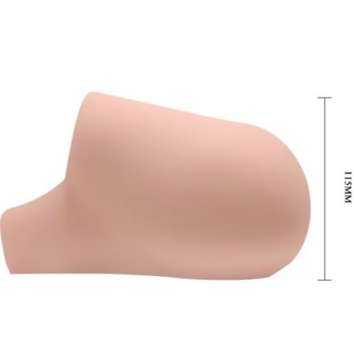 Prótese de mama em cor pele, textura lisa, dimensão 115mm em fundo branco