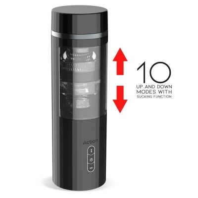 Dispositivo cilíndrico preto com parte transparente e botões, texto e setas vermelhas