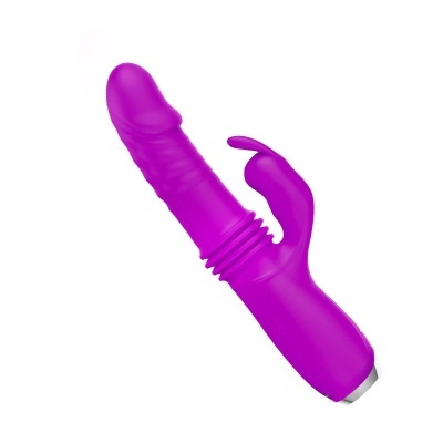 Vibrador roxo com estimulador coelho e botão prateado
