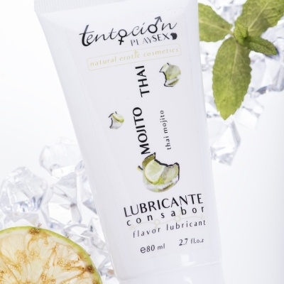 Tubo branco de lubrificante sabor Mojito Thai com decoração de limão e hortelã em cubos de gelo