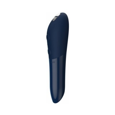 Vibrador azul escuro com botões e detalhe prateado no topo