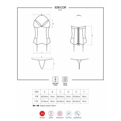 Desenho técnico de corpete com tabela de medidas e vista frontal e traseira.