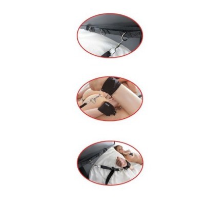 Conjunto de correias e algemas pretas presas a uma cama e pulsos