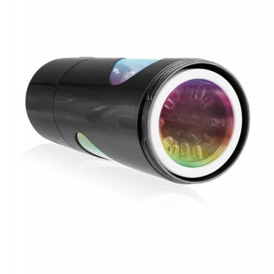 Frasco preto cilíndrico com interior colorido e fundo branco