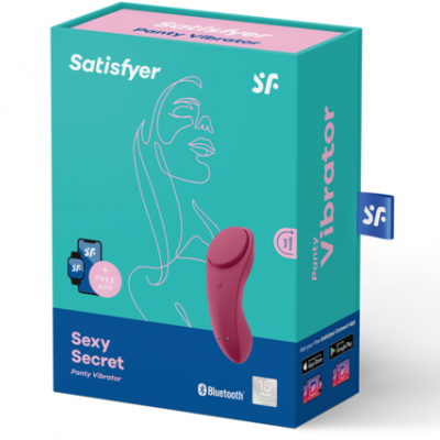 Embalagem azul e turquesa com vibrador cor de rosa e texto Satisfyer Sexy Secret Pointy Vibrator