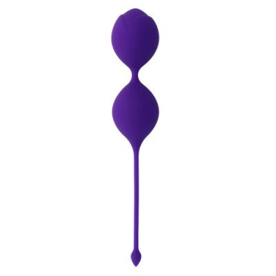 Produto roxo de silicone com duas bolas ligadas e cabo fino em fundo branco