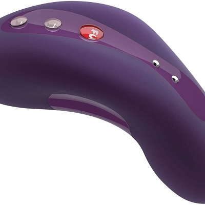 Produto eletrônico ergonômico roxo com botões cinzentos e vermelho