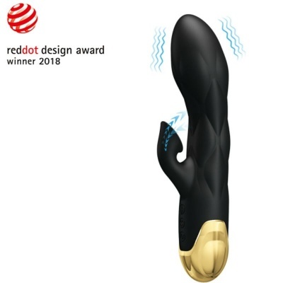 Vibrador preto com base dourada e selo Red Dot Design Award 2018