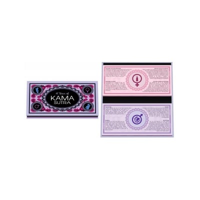 Três cartas retangulares com textos e símbolos em tons de preto, roxo, rosa e lilás, incluindo o título 'A Year of KAMA SUTRA'