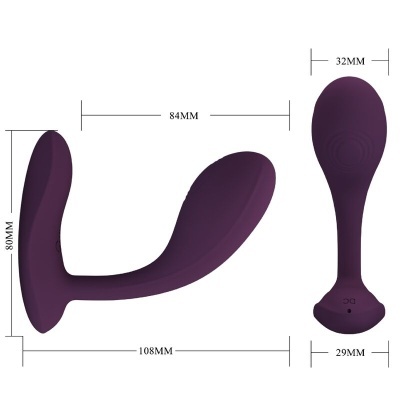 Produto sexual em silicone roxo com medidas indicadas em milímetros para e-commerce