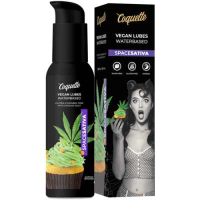 Frasco preto com dispensador e embalagem de produto lubrificante à base de água e vegan com imagem de cupcake verde e folhas de cannabis.