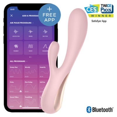 Dispositivo rosa de silicone com app no telemóvel, indica CES TWICE PICKS WINNER e Bluetooth.