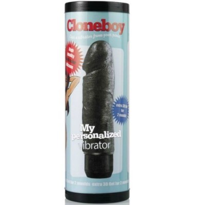 Embalagem cilíndrica azul claro com imagem de vibrador preto e texto Cloneboy