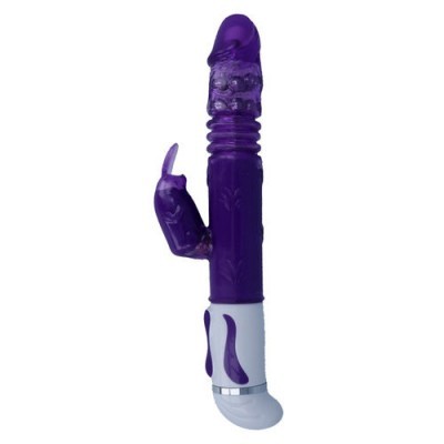 Vibrador roxo e branco com texturas e estimulador adicional em formato de coelho