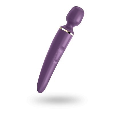 Vibrador de massagem pessoal roxo com detalhe dourado e botões de controlo
