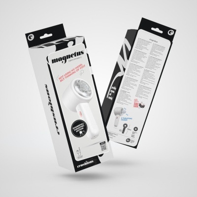 Embalagem do massageador pessoal magnético Magnetus com texto e imagem do dispositivo