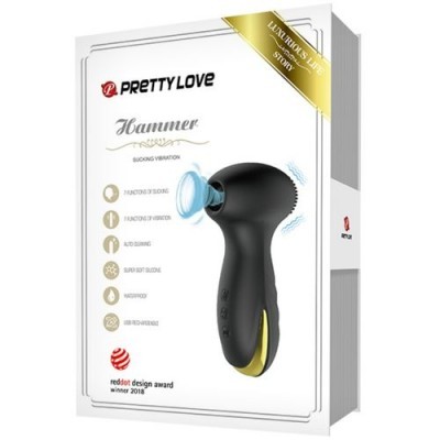 Embalagem de produto Pretty Love Hammer, dispositivo preto de sucção e vibração com detalhes dourados