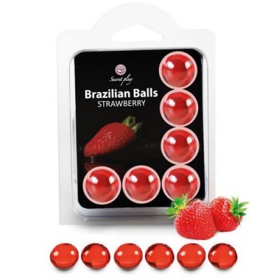 Embalagem de Brazilian Balls sabor morango com bolas vermelhas e imagem de morangos