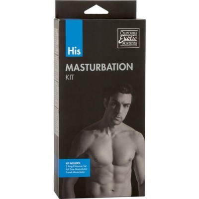 Caixa preta do kit His Masturbation Kit com imagem de homem sem camisa e texto em branco e azul