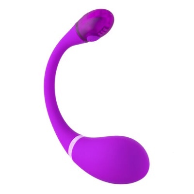Vibrador curvo roxo com ponta translúcida em fundo branco