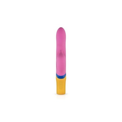 Vibrador rosa com base amarela e azul sobre fundo branco