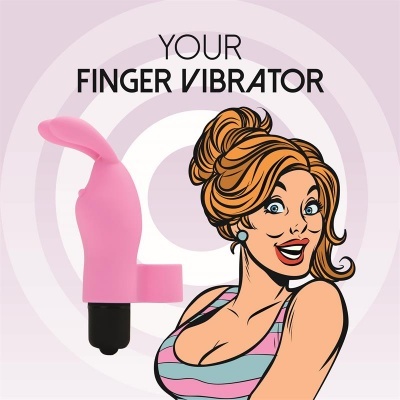 Vibrador de dedo cor-de-rosa ao lado de ilustração de mulher loira com top às riscas e texto YOUR FINGER VIBRATOR