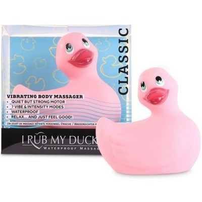 Massa corporal vibratória de pato rosa com embalagem azul com desenhos de patos.